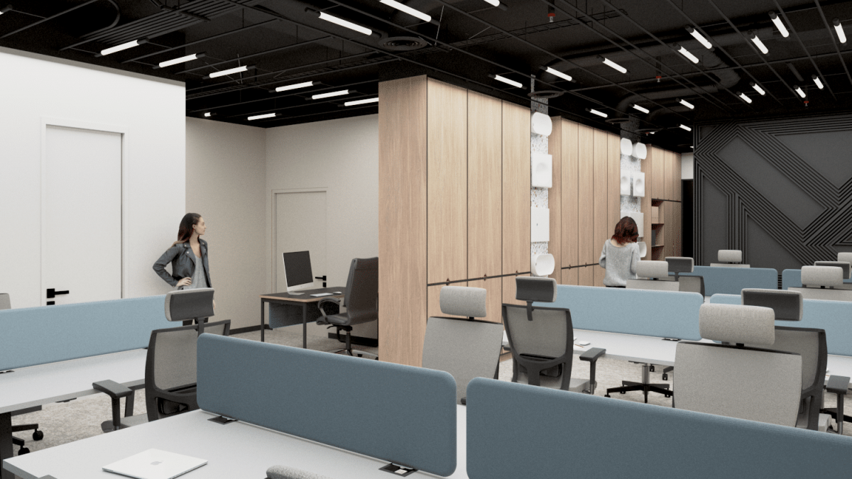 Biuro open-space - widok na ukłąd biurek i wejście do strefy pracowniczej